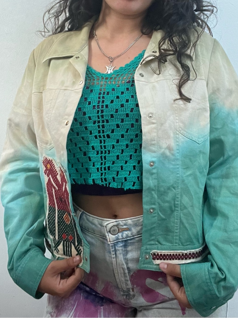 Ombre Teal-Cream Cropped Jean Jacket with Embroidered Accent